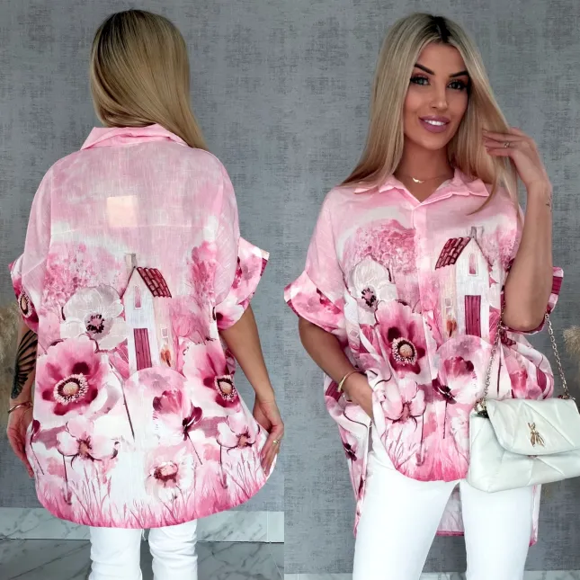 Asymetryczna różowa koszula z domkiem ONE SIZE - R953