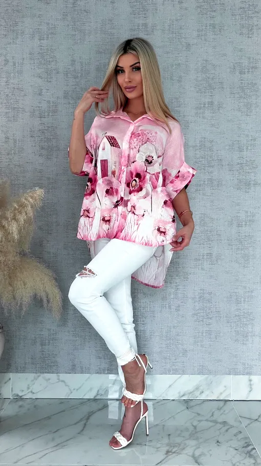 Asymetryczna różowa koszula z domkiem ONE SIZE - R953