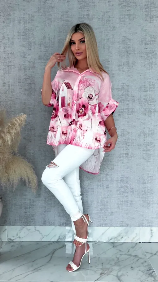 Asymetryczna różowa koszula z domkiem ONE SIZE - R953