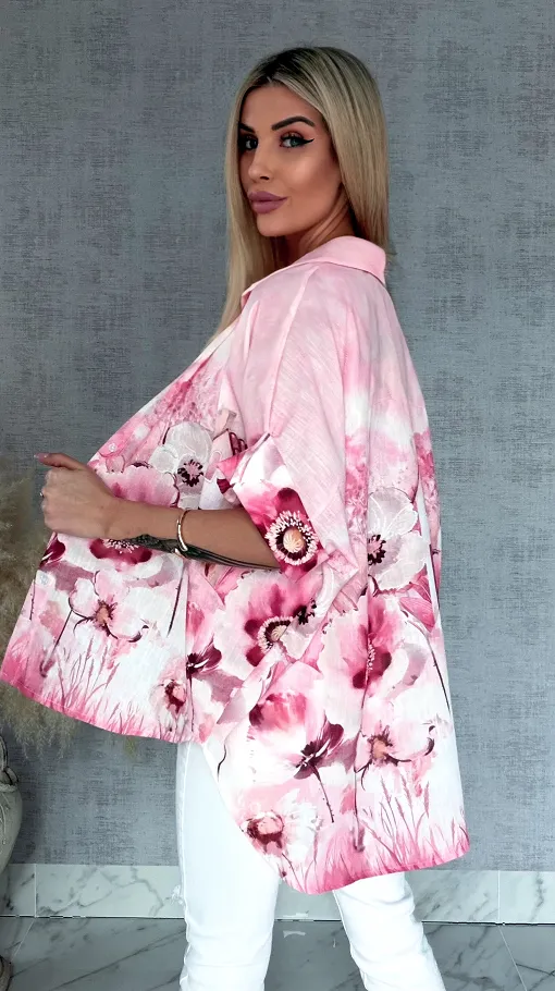 Asymetryczna różowa koszula z domkiem ONE SIZE - R953