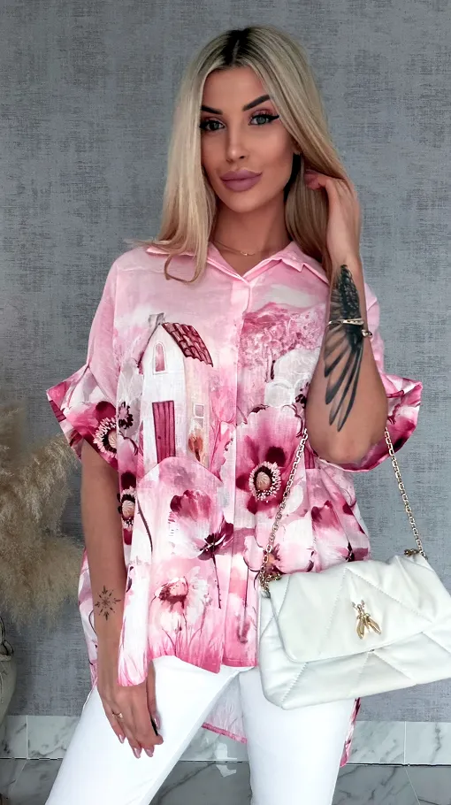 Asymetryczna różowa koszula z domkiem ONE SIZE - R953