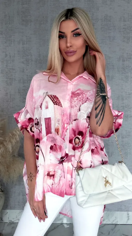 Asymetryczna różowa koszula z domkiem ONE SIZE - R953