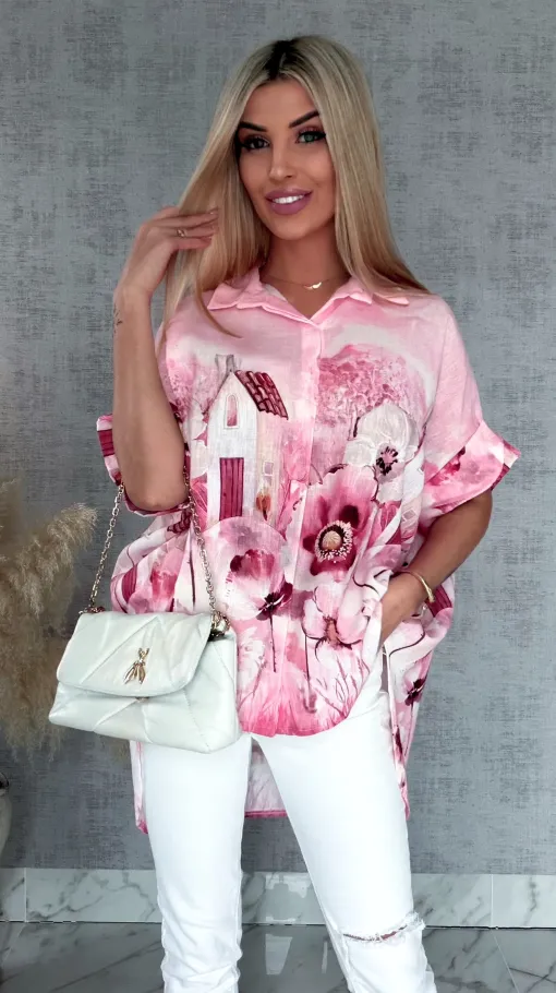 Asymetryczna różowa koszula z domkiem ONE SIZE - R953