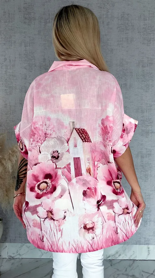 Asymetryczna różowa koszula z domkiem ONE SIZE - R953