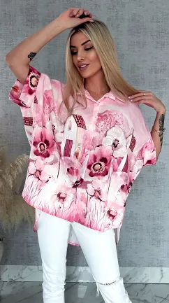 Asymetryczna różowa koszula z domkiem ONE SIZE - R953