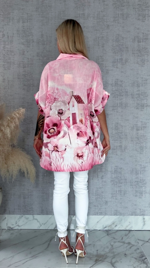 Asymetryczna różowa koszula z domkiem ONE SIZE - R953