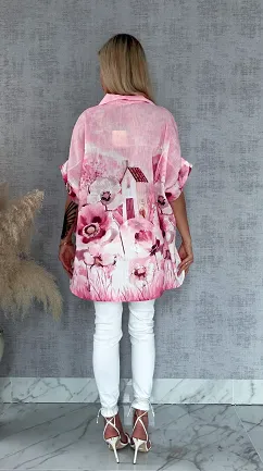 Asymetryczna różowa koszula z domkiem ONE SIZE - R953