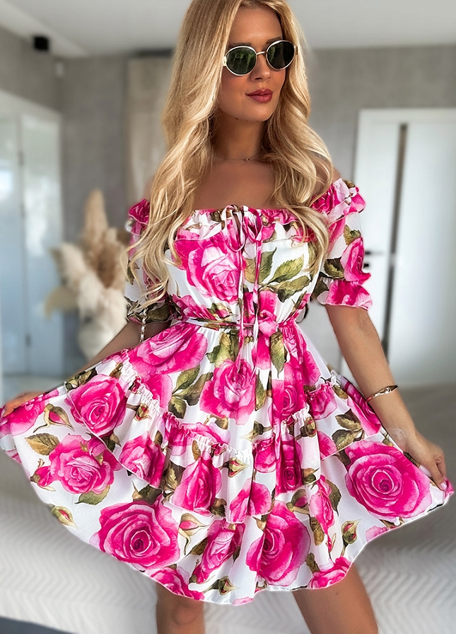 Piękna sukienka hiszpanka na wiosnę i lato w RÓŻOWE róże - N095