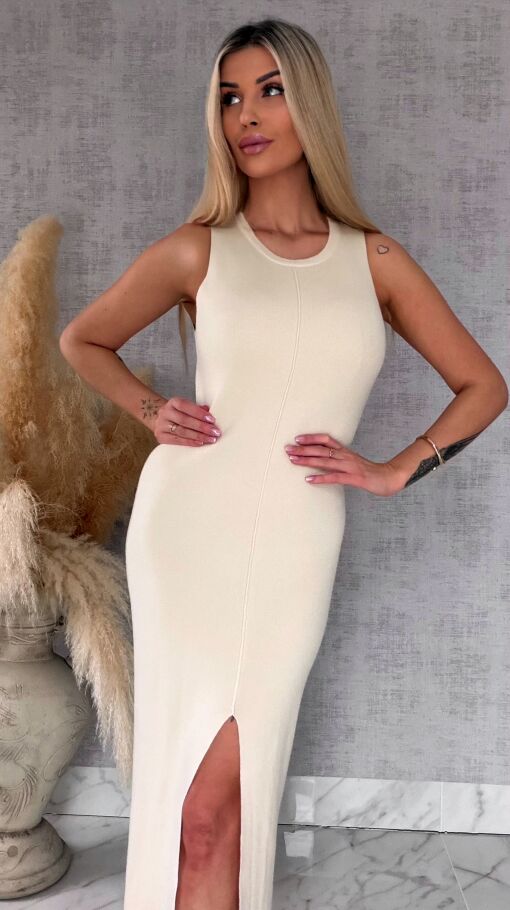 Elastyczna sukienka dzianinowa z rozcięciem z przodu ONE SIZE beż - R577A