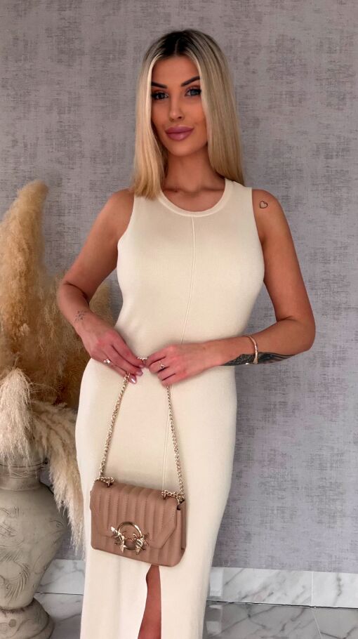 Elastyczna sukienka dzianinowa z rozcięciem z przodu ONE SIZE beż - R577A