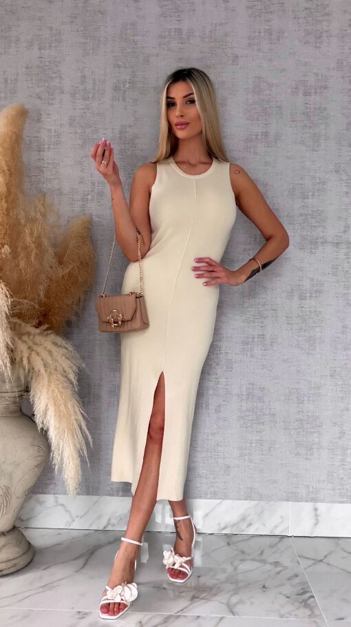 Elastyczna sukienka dzianinowa z rozcięciem z przodu ONE SIZE beż - R577A
