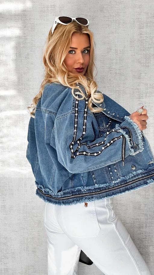 Kurtka jeansowa RAMONESKA z ozdobną taśmą i ćwiekami ONE SIZE - P578