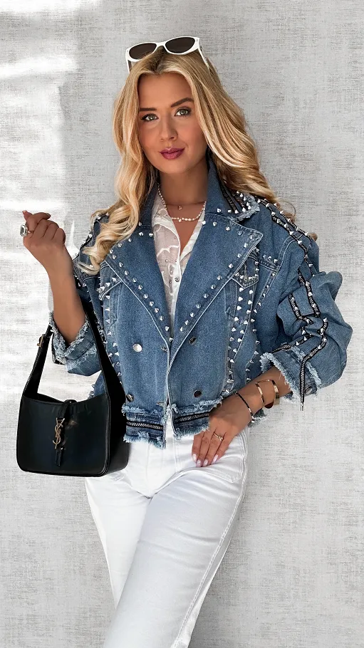 Kurtka jeansowa RAMONESKA z ozdobną taśmą i ćwiekami ONE SIZE - P578