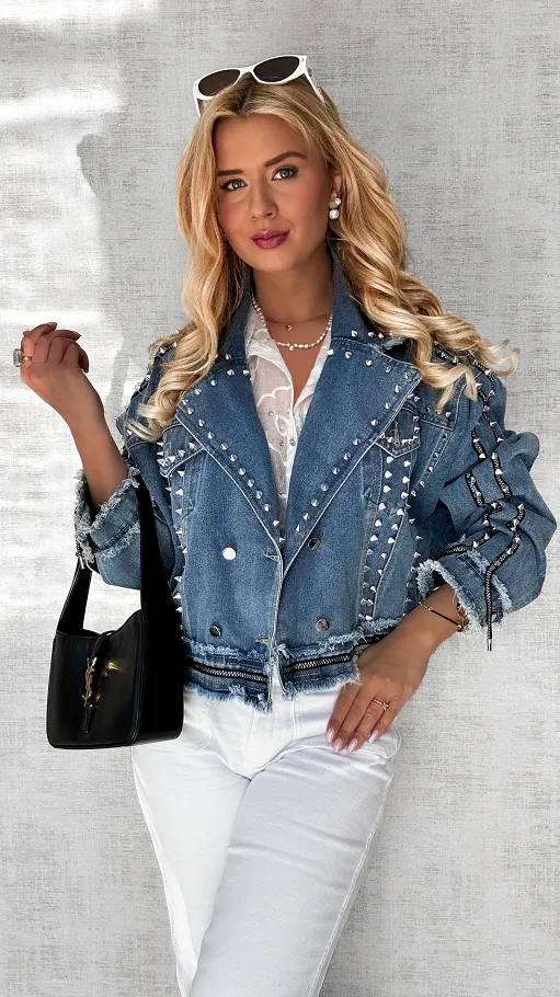 Kurtka jeansowa RAMONESKA z ozdobną taśmą i ćwiekami ONE SIZE - P578