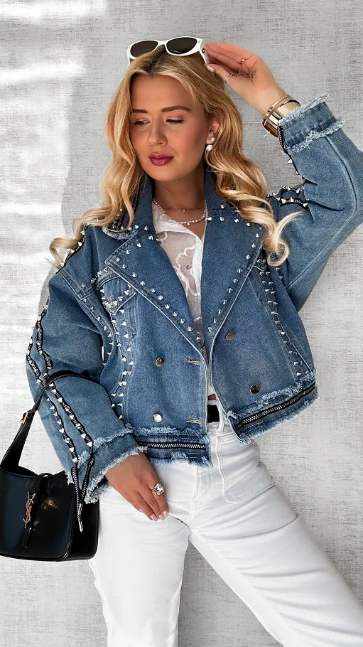 Kurtka jeansowa RAMONESKA z ozdobną taśmą i ćwiekami ONE SIZE - P578