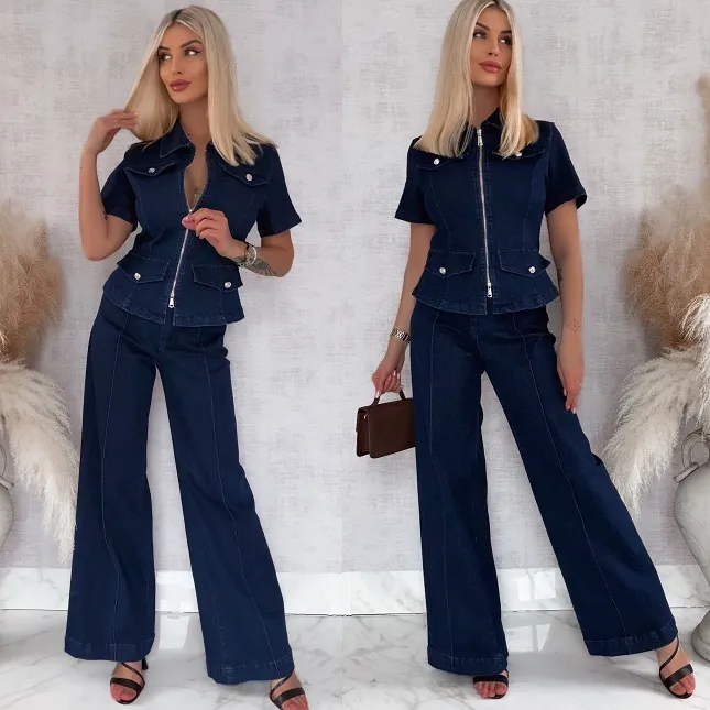 Elastyczny komplet jeansowy katana + spodnie GRANATOWY - R776