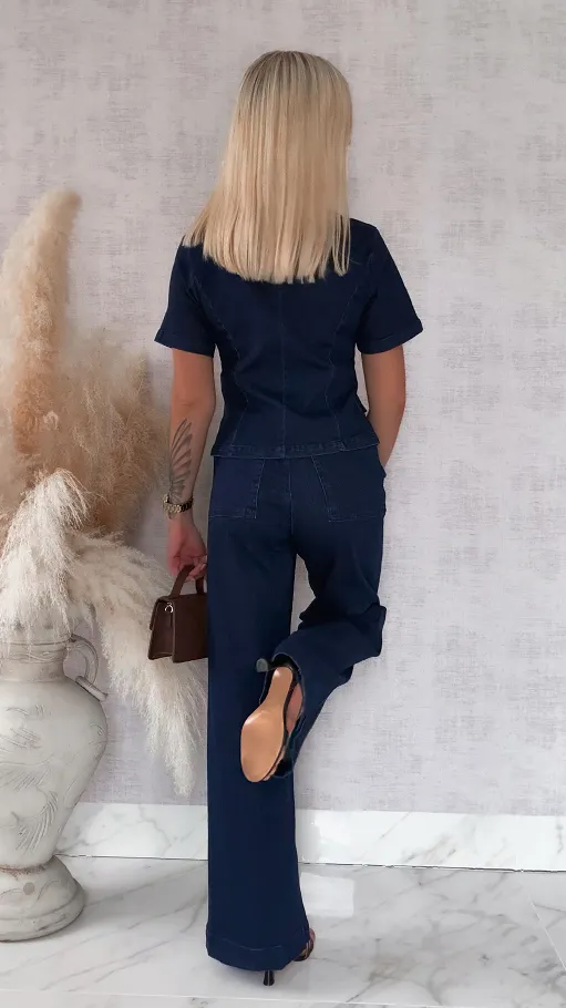 Elastyczny komplet jeansowy katana + spodnie GRANATOWY - R776