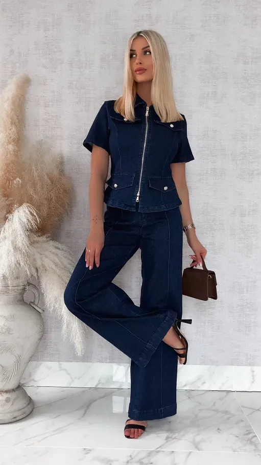 Elastyczny komplet jeansowy katana + spodnie GRANATOWY - R776