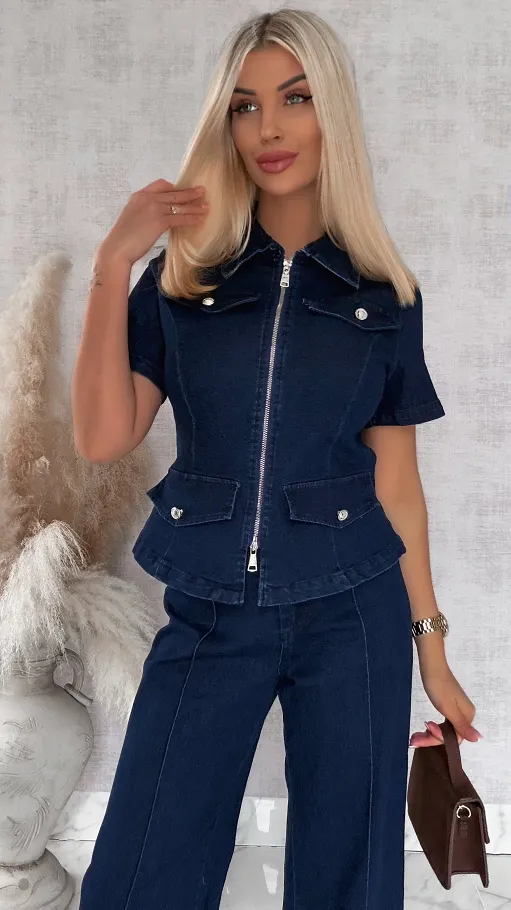 Elastyczny komplet jeansowy katana + spodnie GRANATOWY - R776