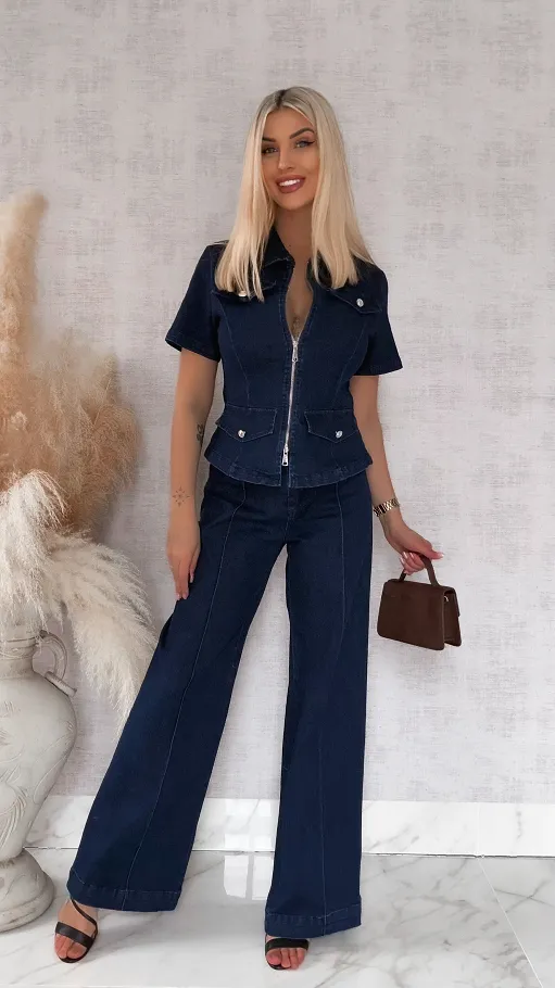 Elastyczny komplet jeansowy katana + spodnie GRANATOWY - R776