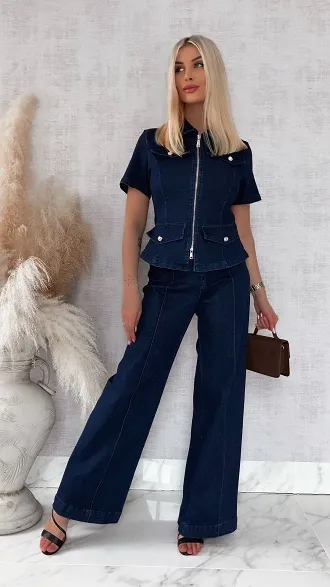 Elastyczny komplet jeansowy katana + spodnie GRANATOWY - R776