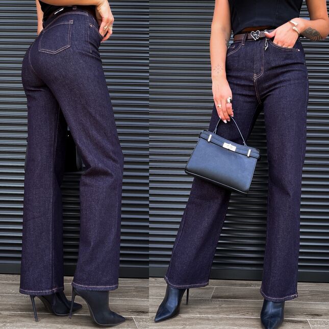Granatowe elastyczne spodnie jeansowe WIDE LEG FIT z paskiem - S329