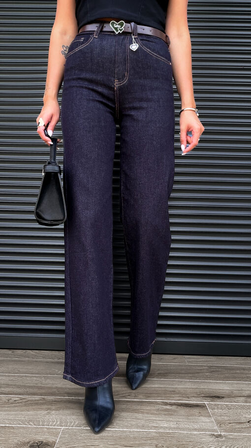 Granatowe elastyczne spodnie jeansowe WIDE LEG FIT z paskiem - S329