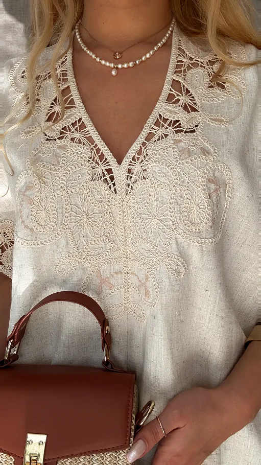 Piękny jasno beżowy komplet BOHO z lnem ONE SIZE - P688