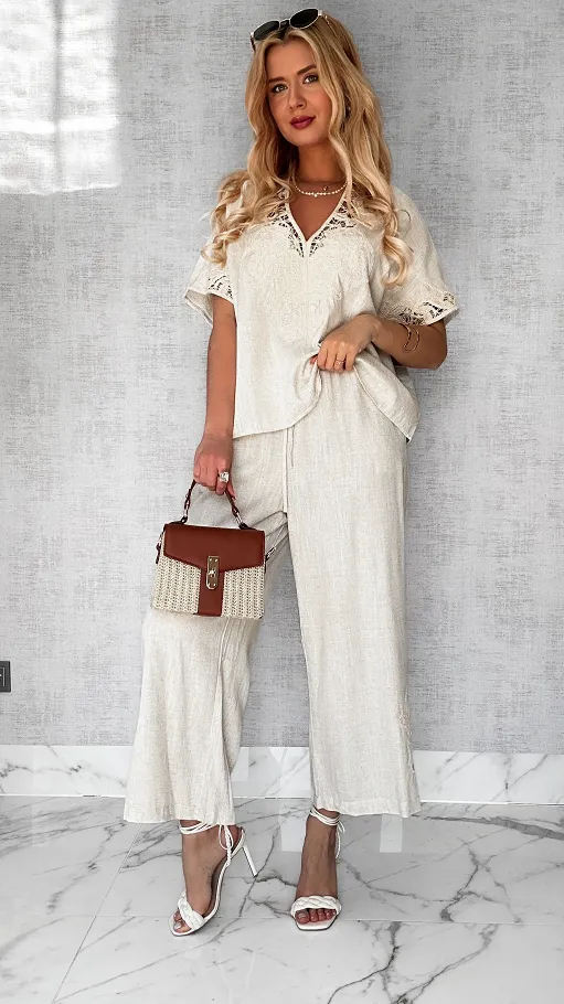 Piękny jasno beżowy komplet BOHO z lnem ONE SIZE - P688