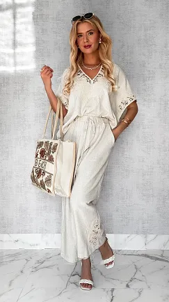 Piękny jasno beżowy komplet BOHO z lnem ONE SIZE - P688