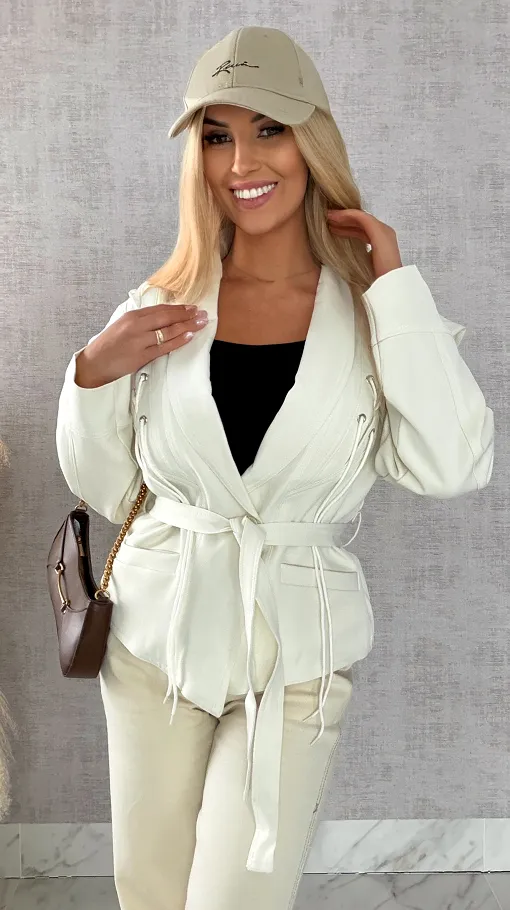 Modna kurtka przejściowa ECRU z wiązaniami ONE SIZE - R489