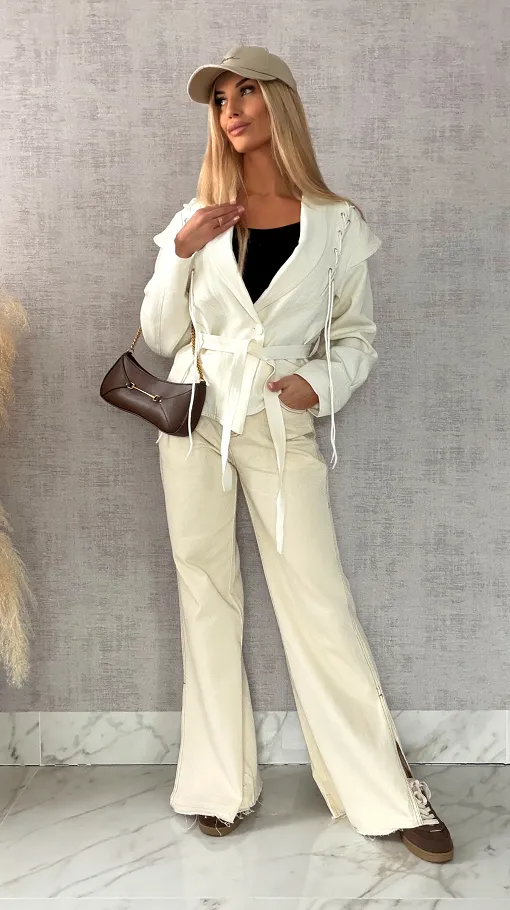 Modna kurtka przejściowa ECRU z wiązaniami ONE SIZE - R489