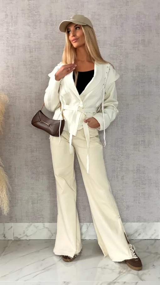 Modna kurtka przejściowa ECRU z wiązaniami ONE SIZE - R489