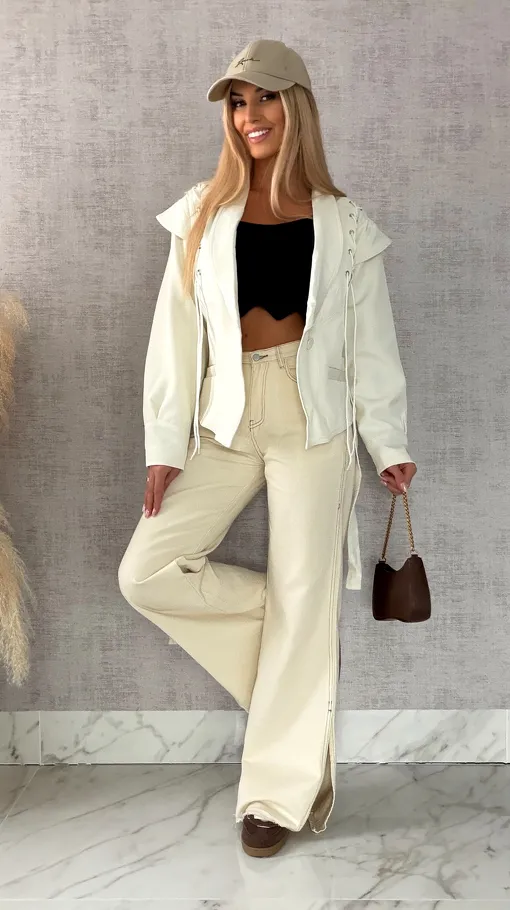 Modna kurtka przejściowa ECRU z wiązaniami ONE SIZE - R489