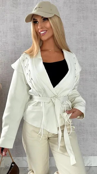 Modna kurtka przejściowa ECRU z wiązaniami ONE SIZE - R489