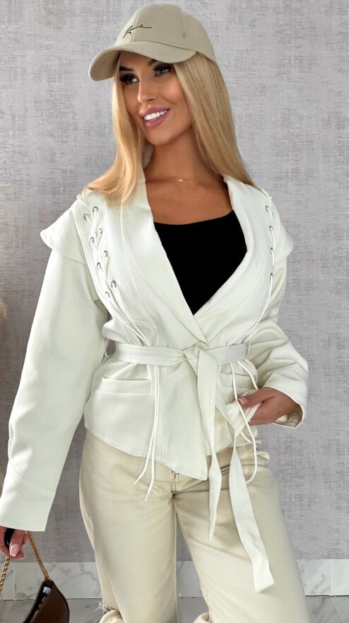 Modna kurtka przejściowa ECRU z wiązaniami ONE SIZE - R489