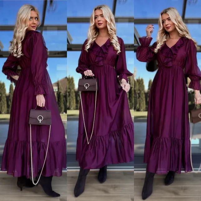 Piękna MAXI sukienka z długim rękawem ONE SIZE bordowa - R170