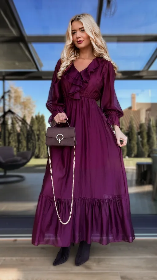 Piękna MAXI sukienka z długim rękawem ONE SIZE bordowa - R170