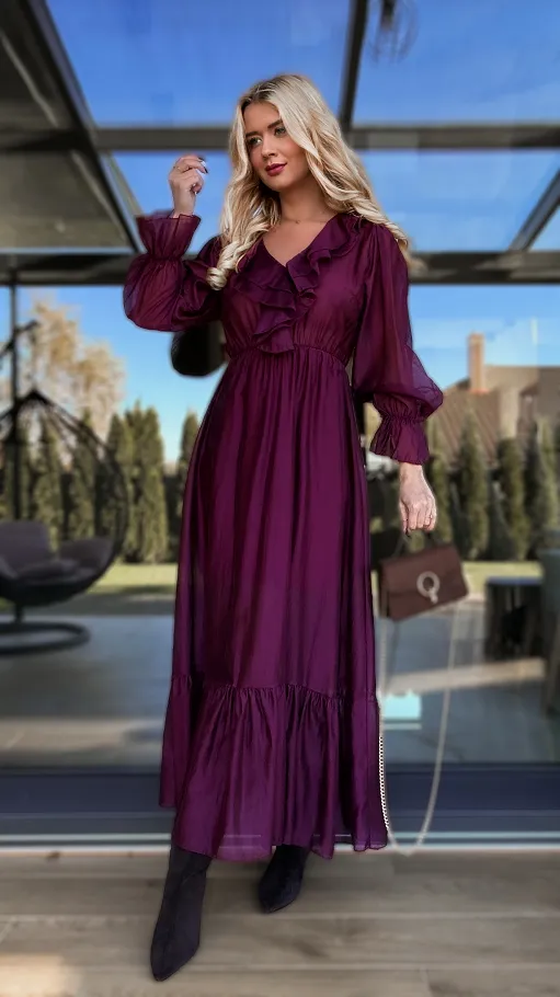 Piękna MAXI sukienka z długim rękawem ONE SIZE bordowa - R170