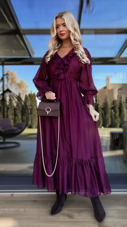 Piękna MAXI sukienka z długim rękawem ONE SIZE bordowa - R170