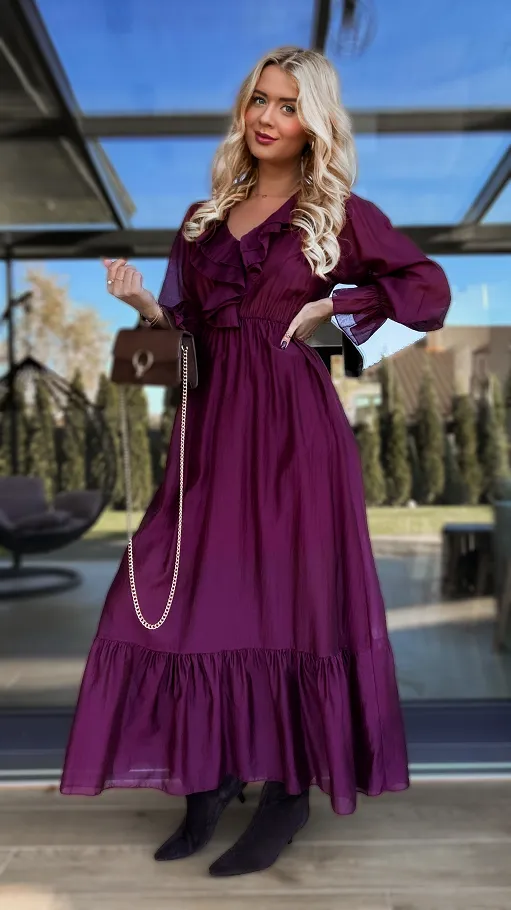 Piękna MAXI sukienka z długim rękawem ONE SIZE bordowa - R170