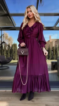 Piękna MAXI sukienka z długim rękawem ONE SIZE bordowa - R170