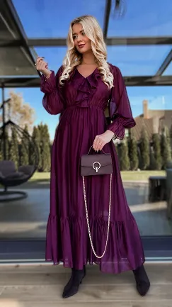 Piękna MAXI sukienka z długim rękawem ONE SIZE bordowa - R170