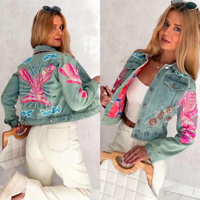Ekskluzywna oryginalna katana jeansowa zdobiona cekinami DENIM BLUE - S144