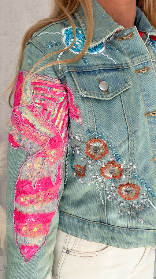 Ekskluzywna oryginalna katana jeansowa zdobiona cekinami DENIM BLUE - S144
