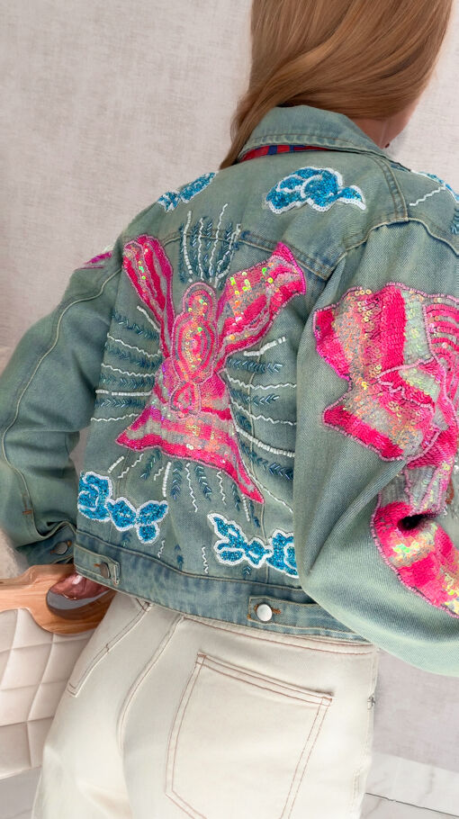 Ekskluzywna oryginalna katana jeansowa zdobiona cekinami DENIM BLUE - S144