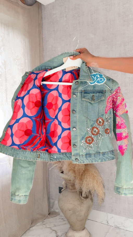 Ekskluzywna oryginalna katana jeansowa zdobiona cekinami DENIM BLUE - S144