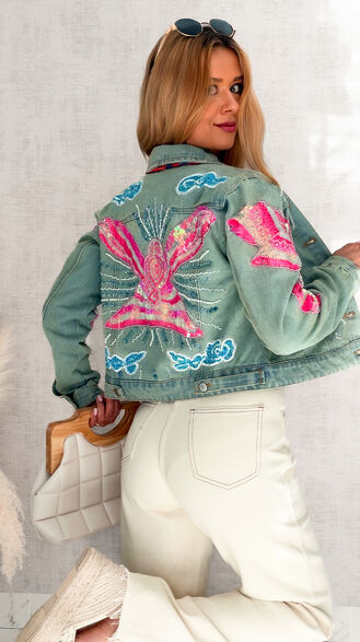 Ekskluzywna oryginalna katana jeansowa zdobiona cekinami DENIM BLUE - S144