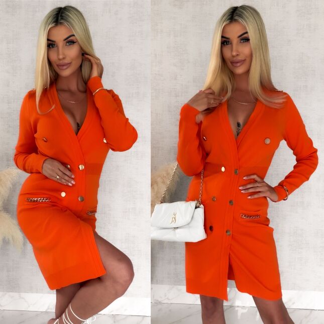 Dzianinowa sukienka ze złotymi dodatkami w kolorze orange ONE SIZE - R969