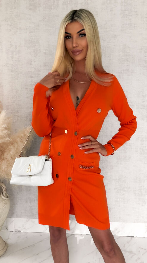Dzianinowa sukienka ze złotymi dodatkami w kolorze orange ONE SIZE - R969